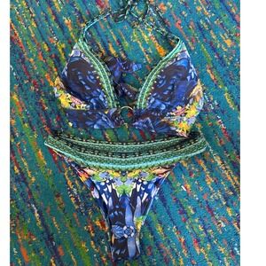New Bikini Set Blue Butterfly Floral Halter Two Piece Swimsuit Womens L